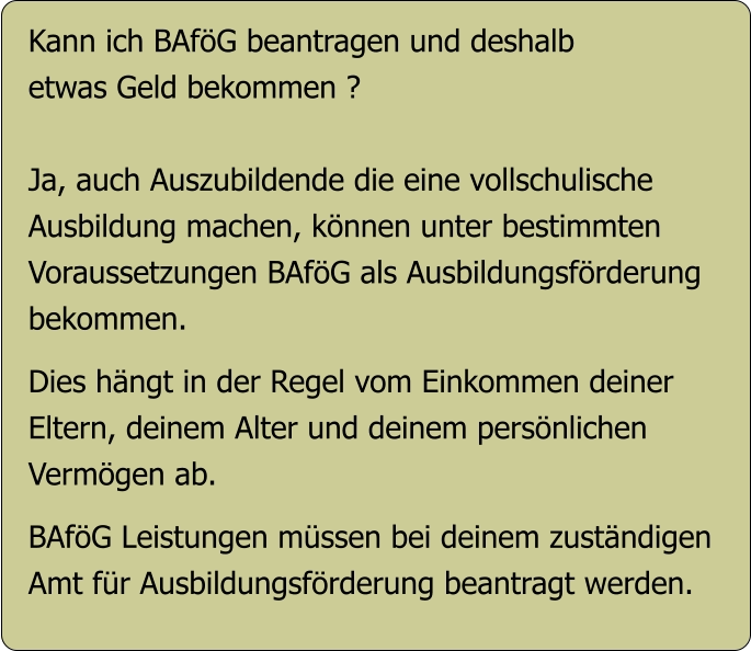 Kann ich BAföG beantragen und deshalb etwas Geld bekommen ?  Ja, auch Auszubildende die eine vollschulische Ausbildung machen, können unter bestimmten Voraussetzungen BAföG als Ausbildungsförderung bekommen.  Dies hängt in der Regel vom Einkommen deiner Eltern, deinem Alter und deinem persönlichen Vermögen ab.  BAföG Leistungen müssen bei deinem zuständigen Amt für Ausbildungsförderung beantragt werden.