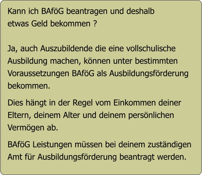 Kann ich BAföG beantragen und deshalb etwas Geld bekommen ?  Ja, auch Auszubildende die eine vollschulische Ausbildung machen, können unter bestimmten Voraussetzungen BAföG als Ausbildungsförderung bekommen.  Dies hängt in der Regel vom Einkommen deiner Eltern, deinem Alter und deinem persönlichen Vermögen ab.  BAföG Leistungen müssen bei deinem zuständigen Amt für Ausbildungsförderung beantragt werden.
